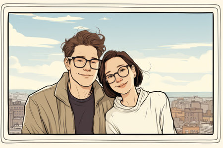 cartoon illustration of a couple in front of a cityscapeの素材