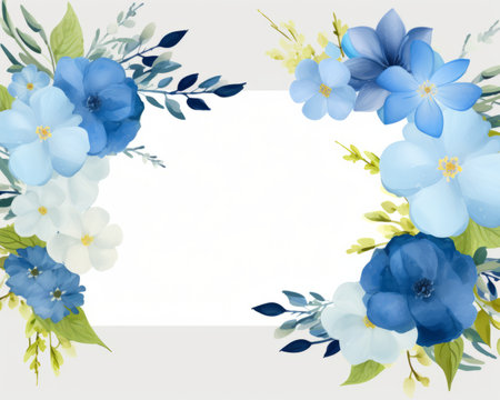blue flowers and leaves in a square frame on a white backgroundの素材