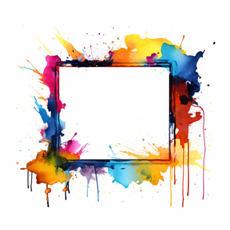 colorful paint splatters on a white background with a square frameの素材