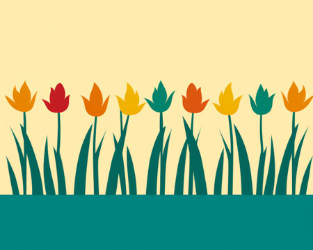 colorful tulips in a row on a yellow backgroundの素材