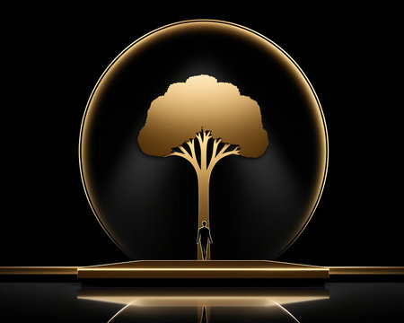 golden tree on stage with spotlight on itの素材