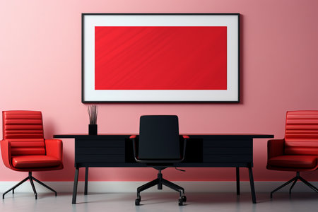 modern office with red walls and a framed photo on the wallの素材