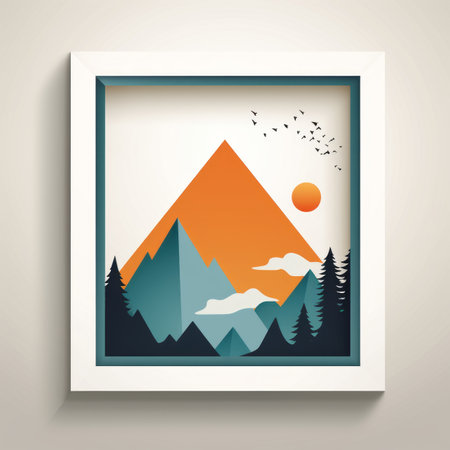 mountains and trees in a white frame with the sun in the backgroundの素材