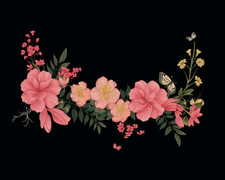 pink flowers and butterflies on a black backgroundの素材