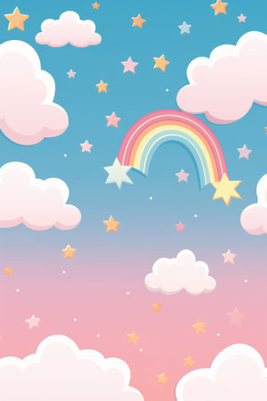 rainbow stars and clouds in the sky with a rainbow in the middleの素材