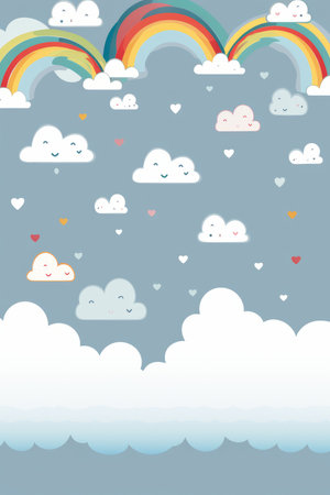rainbow in the sky with clouds and heartsの素材
