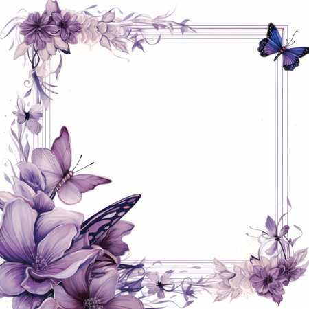 purple flowers and butterflies in a square frame on a white backgroundの素材