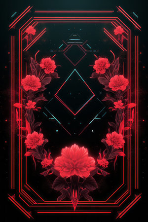 red flowers in a geometric frame on a black backgroundの素材