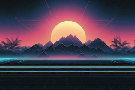 retro 80s style background with mountains trees and a sunsetの素材