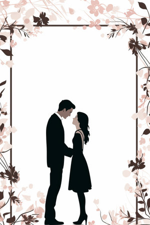silhouette of a man and woman standing in front of a floral frameの素材
