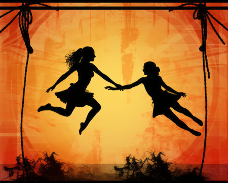 silhouette of two girls jumping on a ropeの素材