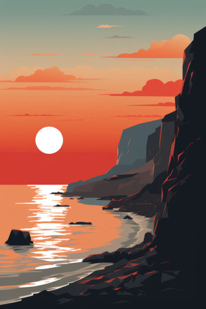 sunset over the sea with cliffs and rocks in the backgroundの素材