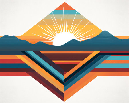 the sun is rising over mountains in a geometric patternの素材