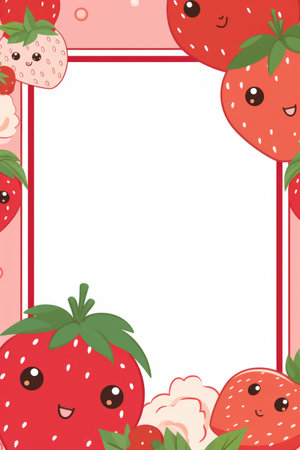 strawberry border frame with kawaii strawberries and hearts on a pink backgroundの素材