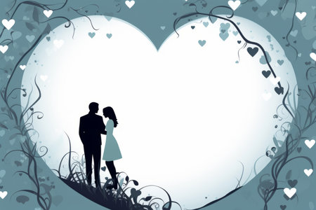 valentines day card with a couple in front of a heart shaped frameの素材