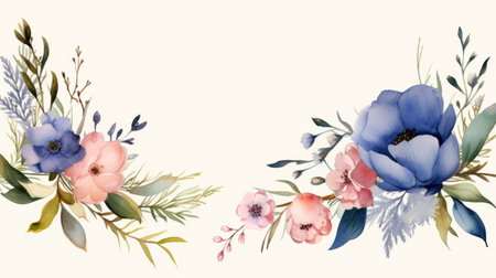 watercolor floral frame with blue and pink flowers on a white backgroundの素材
