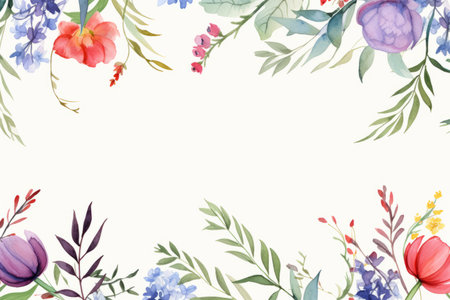 watercolor floral border with leaves and flowers on a white backgroundの素材