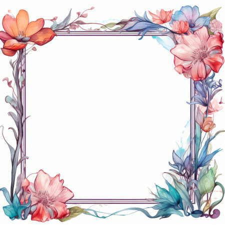 watercolor frame with flowers and leaves on a white backgroundの素材
