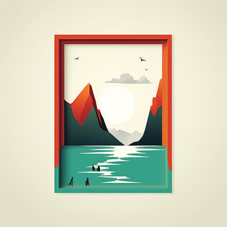 an illustration of a lake and mountains in a frameの素材