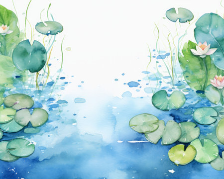watercolor painting of lily pads and water liliesの素材