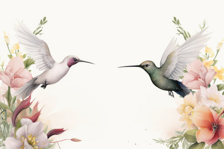 watercolor painting of two hummingbirds with flowers on a white backgroundの素材