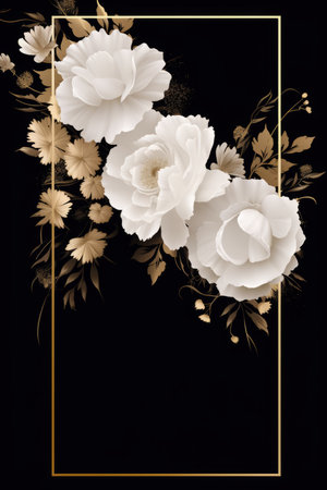 white flowers with gold frame on black backgroundの素材