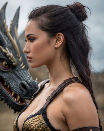 a beautiful woman in armor with a dragon on her shoulderの素材