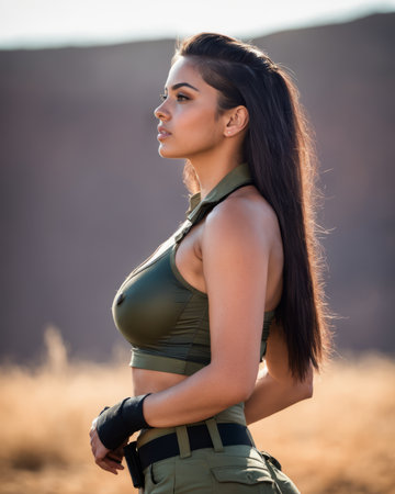 a beautiful woman in military gear standing in the desertの素材