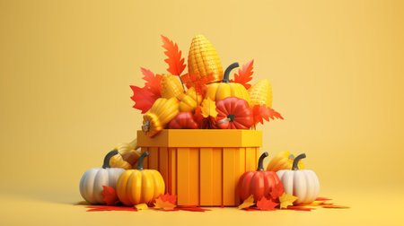 3d illustration of pumpkins and corn in a box on a yellow backgroundの素材