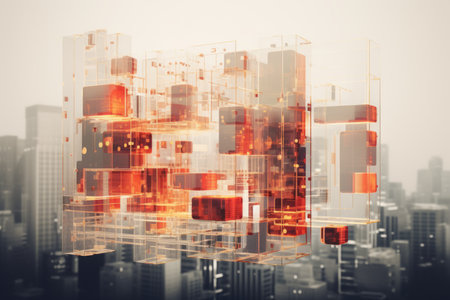 3d rendering of a futuristic cityscape with red and orange skyscrapersの素材