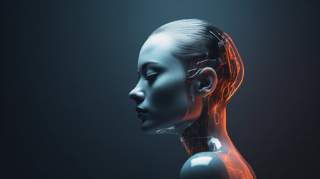 3d rendering of a female robot head on a dark backgroundの素材