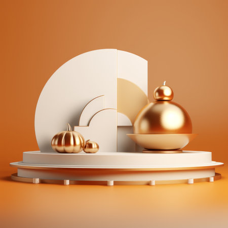 3d rendering of a gold and white christmas tree on an orange backgroundの素材
