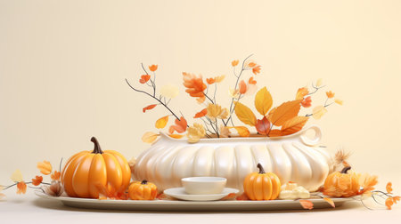 3d rendering of a vase with pumpkins and autumn leavesの素材