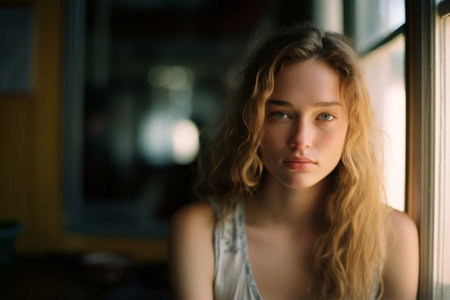 a beautiful young woman is looking out the windowの素材