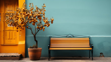 a bench next to a tree in front of a blue doorの素材