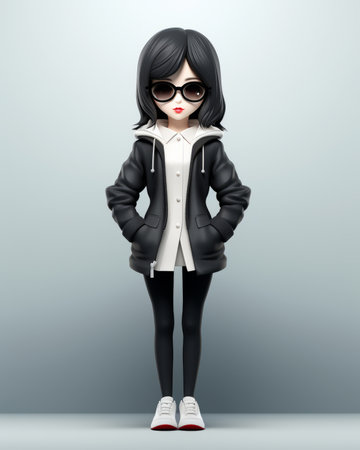 a cartoon girl in a black jacket and sunglassesの素材