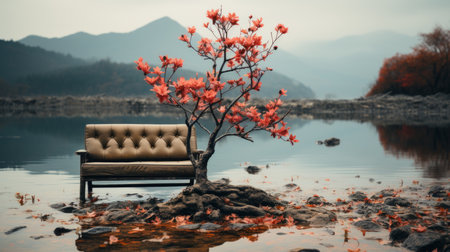 a chair sitting on the edge of a lake with a tree in front of itの素材