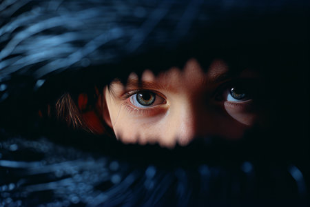a close up of a childs face peeking out of a dark holeの素材