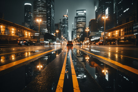 a city street at night with buildings reflected in the puddlesの素材