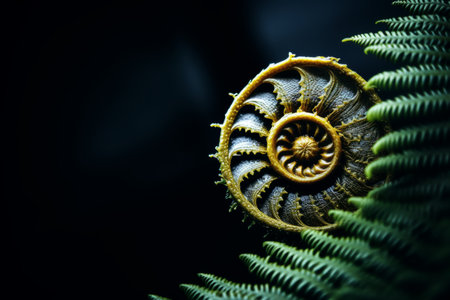 a close up of a fern leaf with a fern shell in the backgroundの素材