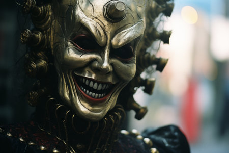 a close up of a man wearing a gold maskの素材