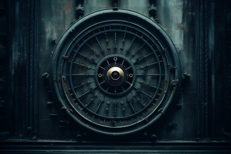 a close up of a metal door with a clock on itの素材