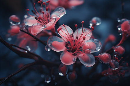 a close up of a pink flower with water droplets on itの素材
