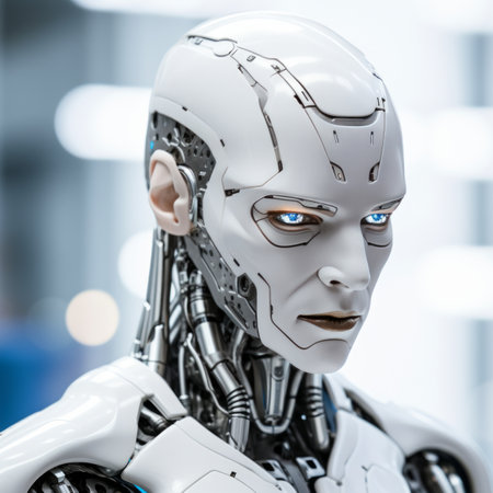 a close up of a robot with blue eyesの素材