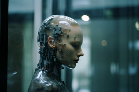 a close up of a robot head in a glass caseの素材