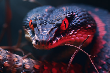 a close up of a snake with red eyesの素材