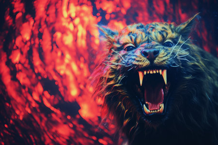 a close up of a tiger with its mouth openの素材