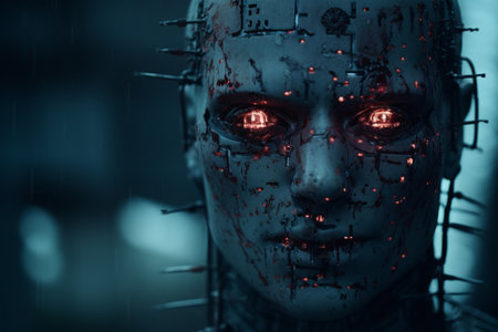 a close up of a robot with red eyesの素材