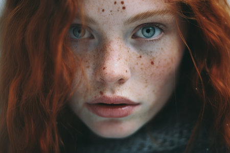 a close up of a woman with freckles on her faceの素材