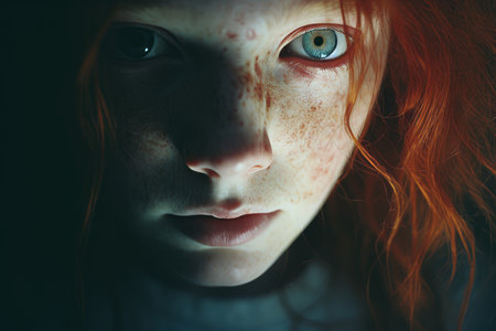 a close up of a woman with freckles on her faceの素材